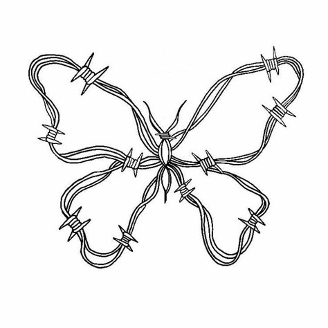 Barbed Wire Butterfly Drawing, Butterfly With Barbed Wire Tattoo, Tattoos With Barbed Wire, Chain Butterfly Tattoo, Metal Butterfly Tattoo, Knee Barbed Wire Tattoo, Collar Bone Tattoo Barbed Wire, Bard Wire Tattoos, Barbed Wire Bow Tattoo