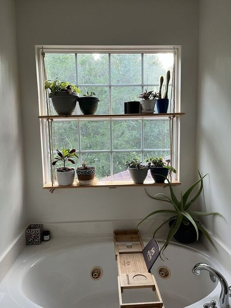 Bathroom Window Shelf Ideas, Bathroom Plant Shelf, Bathroom Window Shelf, Diy Window Plant Shelf, Bathroom Window Sill, 2000s Beauty, Window Shelves For Plants, Window Plant Shelf, Small Bathroom Window