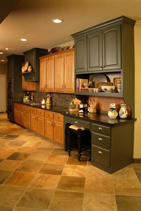 Coloured Cupboards, Updating Oak Cabinets, Color Cabinets, Honey Oak Cabinets, Oak Kitchen Cabinets, Oak Kitchen, Tile Flooring, Oak Cabinets, Kitchen Redo