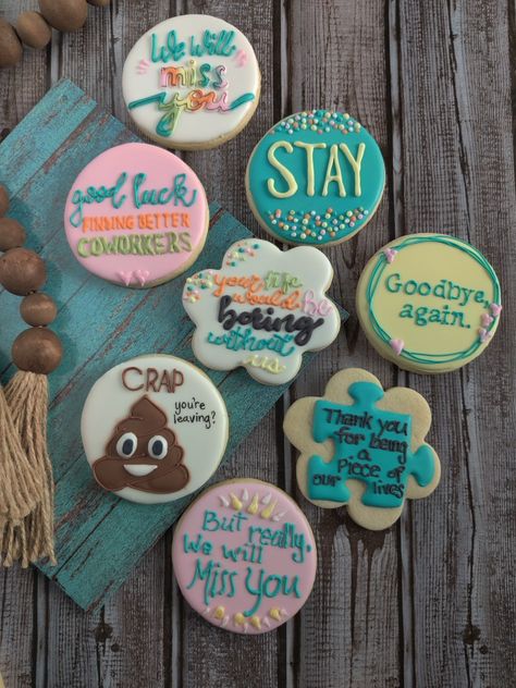 Farewell Cookies For Coworker, New Job Cookies Decorated, Coworker Leaving Cookies, Goodbye Cookies Decorated, Goodbye Party Themes, Good Luck Cookies, Goodbye Cookies, Farewell Cookies, Frosted Cookies Designs