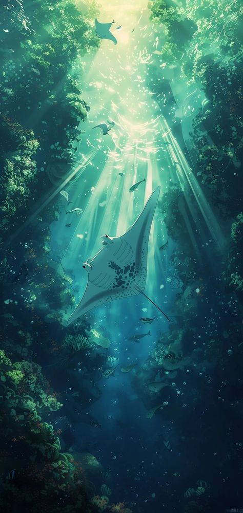 A manta ray inspired anime-like mobile wallpaper. Underwater Anime Wallpaper, Aesthetic Stingray Wallpaper, Ocean Creatures Wallpaper, Manta Ray Phone Wallpaper, Phone Wallpaper Underwater, Aesthetic Marine Life Wallpaper, Sea Creature Wallpaper Iphone, Anime Sea Wallpaper, Manta Ray Wallpaper Iphone