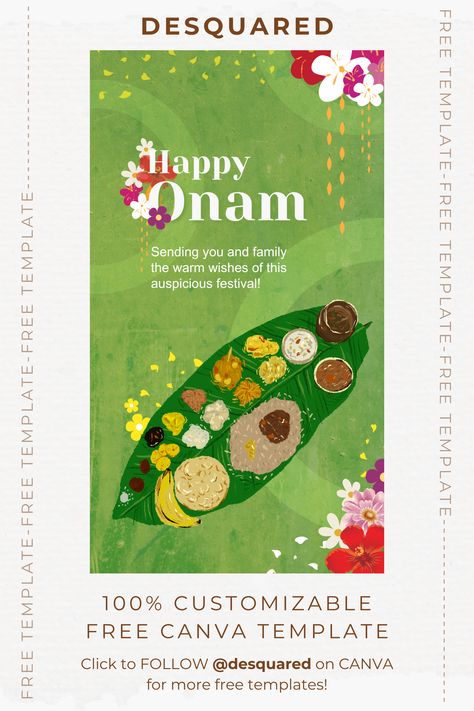 A free happy onam greeting designed on Canva with traditional Kerala elements like onam sadya(onasadya), pukalam (pookkalam) and banana leaf. It can be downloaded easily from Desquared's profile on Canva. Onam Templates, Happy Onam Poster, Onam Poster Design, Onam Poster, Happy Onam Wishes, Onam Greetings, Onam Sadhya, Onam Wishes, Blackboard Art