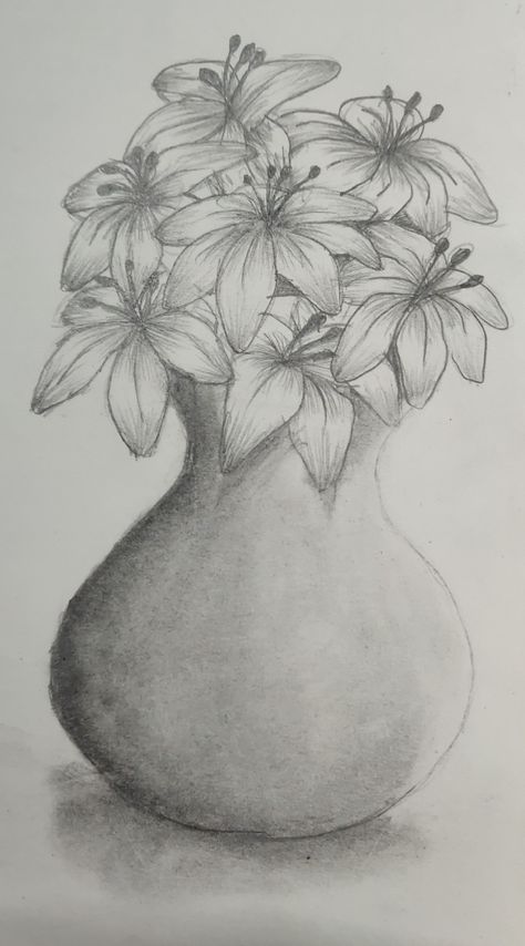 Flower Vase Drawing Pencil, Flower Pot Drawing Pencil, Flower Pot Sketch, Flower Vase Sketch, Flower Vase Drawing, Open When Envelopes, Pencil Drawings Of Flowers, Shading Drawing, Beautiful Flower Drawings