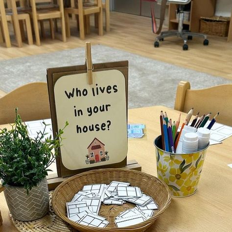 Mia 🍉 on Instagram: "Who Lives in Your House? 🏡 🤍 I used this craft last year & had to set it up again! The lovely printout is from @twinklresources 🏡🤍 A lovely activity to get to know the children and get them chatting about their family & the people they love❤️ #eyfsideas #eyfsteachersofinstgram #artactivity #earlyyears #eyfsteacher #reception #create_play_inspire #passionforprovision #iteachk #teachergram #ukteachers #kindergarten" My Family Activities Eyfs, Play Provocations Year 2, My House Eyfs Activities, Eyfs Family Activity, My Family Eyfs, My Family Eyfs Activities, Family Kindergarten Activities, Communication And Language Eyfs, Communication And Language Activities