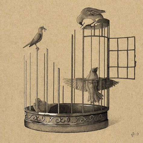 stippling drawing Open Cage Drawing, Open Bird Cage Drawing, Bird In Cage Art, I Know Why The Caged Bird Sings, Open Cage Tattoo, Bird In A Cage Drawing, Caged Bird Aesthetic, Fish Inside A Birdcage, Bird Carrying Letter