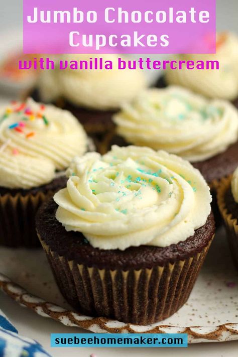 These Jumbo Chocolate Cupcakes are the best celebration cupcakes. They consist of a chocolate batter filled with cream cheese and chocolate chips, and are topped with the perfect vanilla buttercream frosting. Unbelievable decadent and worth every calorie! Cupcakes With Cream Cheese Filling, Cream Cheese Filled Cupcakes, Chocolate Cupcakes With Cream Cheese, Celebration Cupcakes, Jumbo Cupcakes, Vanilla Bean Scones, Cake Mix Cupcakes, Cheese And Chocolate, Large Cupcake