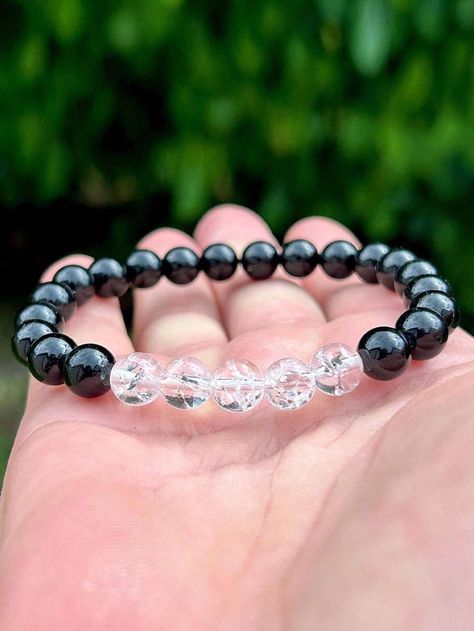 1pc Natural Grade Black Tourmaline & Clear Crackle Quartz Bracelet In 6, 8 & 10mm, DIY Handmade Design Crystal Beads Jewelry Beaded Stretch Bracelet Genuine Gemstone/Natural Stone,Unisex, Healing Crystal Beads Jewelry, Crackle Quartz, Crystal Bead Jewelry, Diy Beaded Bracelets, Jewelry Beaded, Bracelet Online, Beaded Bracelets Diy, Healing Jewelry, Quartz Bracelet