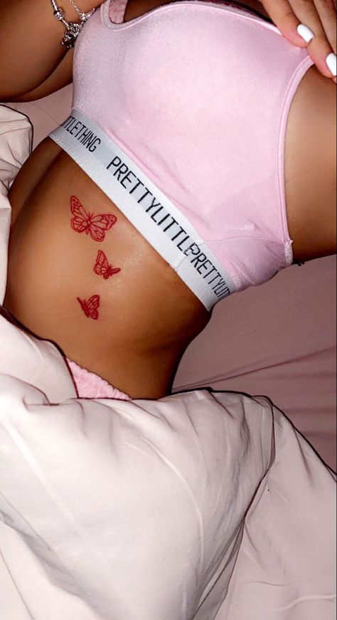 Butterfly Tattoo Stomach, Side Butterfly Tattoo, Butterfly Stomach Tattoo, Lower Hip Tattoos, Small Side Tattoos, Red Butterfly Tattoo, Side Stomach Tattoos, Side Tattoos Women, Hairstyles Weave