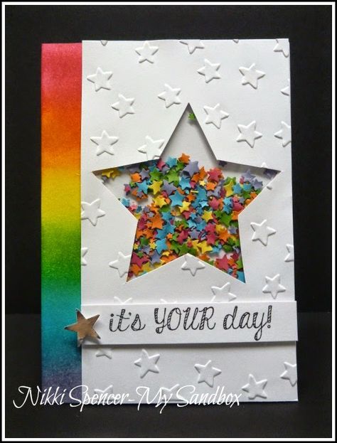 My Sandbox Shaker Cards Tutorial, Confetti Cards, Slider Cards, Star Confetti, 50th Birthday Cards, Star Cards, Paper Crafts Card, Rainbow Star, Embossed Paper