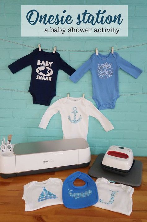 DIY Onesie Making Station for a Baby Shower with your Cricut using iron on vinyl and fusible fabric. #cricutmade #cricut #babyshower Diy Onesie Decorating, Onesie Making Station, Diy Onesie, Onesie Station, Cricut Baby Shower, Onesie Decorating, Cricut Baby, Weekend Crafts, Baby Shower Crafts