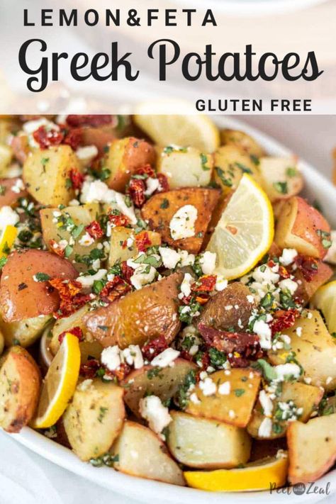 Roasted Greek Potatoes, Potatoes With Feta, Roasted Potato Recipe, Gold Potato Recipes, Greek Roasted Potatoes, Crispy Roasted Potatoes, Gluten Free Recipes Side Dishes, Greek Lemon Potatoes, Roasted Potato Salads