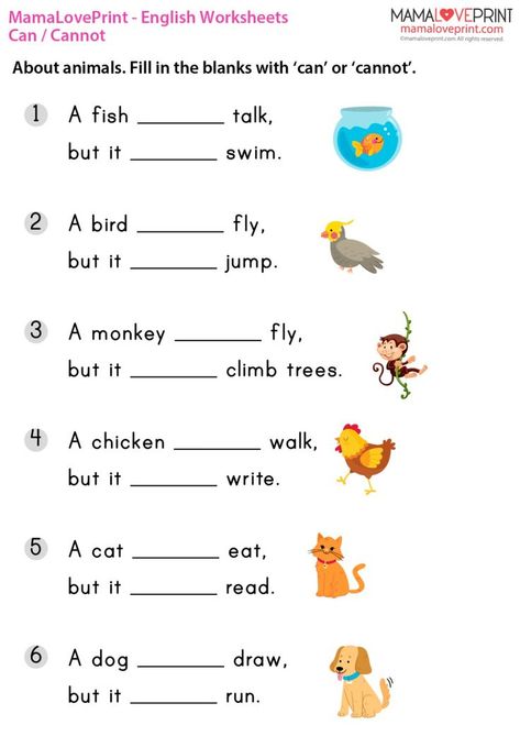 MamaLovePrint . Grade 1 English Worksheets . Basic Grammar (Can, Cannot) PDF Free Download Second Class English Worksheet, English Homework For Class 1, English Verbs Worksheets, Basic English For Kids, Class 1 English, Free English Worksheets, Teaching Worksheets, Modal Verbs, Worksheets For Class 1