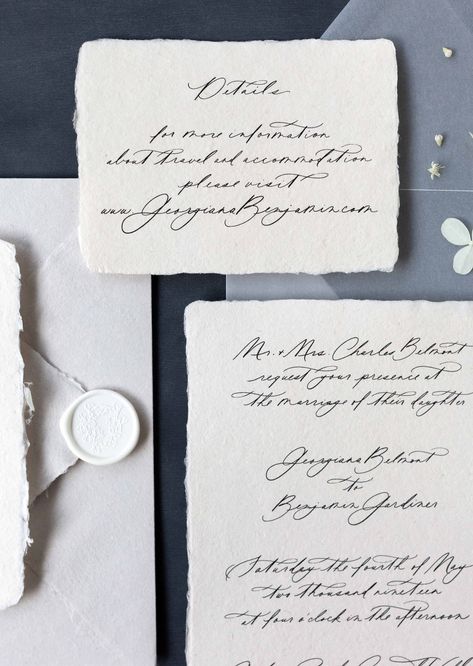 Romantic Calligraphy Wedding Invitations on Handmade Paper by Plume Calligraphy Organic Wedding Invitations, Wedding Invitations Vellum, Destination Wedding Themes, Vellum Overlay, Calligraphy Wedding Invitations, Romantic Calligraphy, Wedding Invitations With Pictures, Invitation Calligraphy, Trendy Wedding Invitations