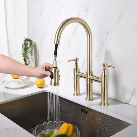 Classic Farmhouse Kitchen, Gold Kitchen Faucet, Bridge Kitchen Faucet, Bridge Faucet, Gold Faucet, White Kitchen Sink, Kitchen Faucet With Sprayer, Stainless Sink, Faucet Design