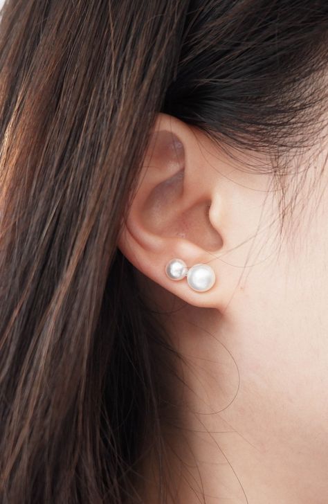 Double Ball Earring Double Sided Earring Double Pearl Earring Dainty Pearl Stud Tiny Pearl Stud Fresh water pearl studs White Pearl Earring by Nevernjewelry on Etsy Earrings Combinations Double, Pearl Earrings Double Piercing, Double Ear Piercing Pearl, Pearl Earrings Studs Classy, Double Earrings Combinations, Double Pearl Earrings, Double Ear Piercings, Natural Pearl Earrings, Double Earrings