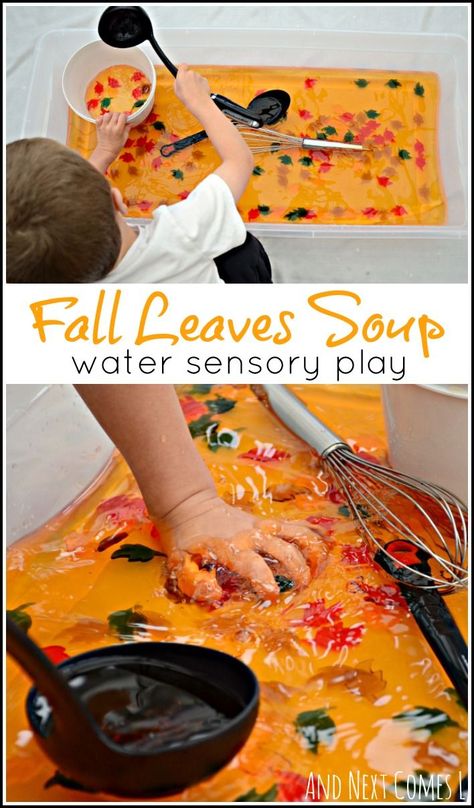 Fall leaves sensory soup: water sensory play for toddlers and preschoolers from And Next Comes L Fall Water Sensory Bin, Leaves Sensory, Water Sensory Play, Sensory Play For Toddlers, Fall Sensory Bin, Sensory Play Toddlers, Sensory Tubs, Fall Lessons, Nursery Activities