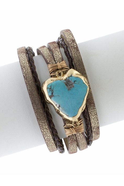 Turquoise is fastened to leather layers with gold-tone wire to blend natural textures with a minimalistic style. Turquoise Stone Jewelry, Natural Turquoise Stone, Turquoise Accents, Turquoise Leather, Braided Leather Bracelet, Bohemian Bracelets, Round Leather, Leather Cuffs Bracelet, Natural Turquoise