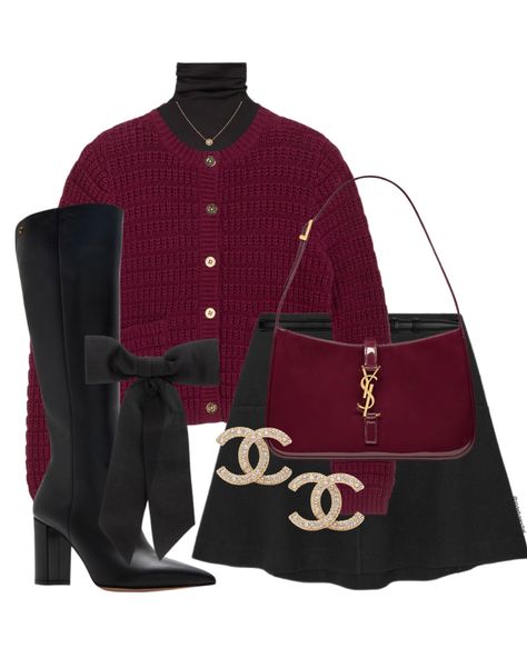 Cute Chic Outfits, Lady Outfits, Burgundy Outfit, Textured Cardigan, Elegantes Outfit, Chic Outfit, Red Outfit, Looks Chic, Formal Outfit