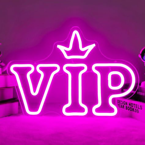 PRICES MAY VARY. 【Bright Neon Sign】: An essential striking icon in the VIP area - the VIP lounge neon sign. Pink VIP neon sign letters and crown logos create a romantic atmosphere and bring a different wall decoration to your VIP area. 【Size Information】: The size of the VIP neon light is 11.4x10.6 inches, powered by USB power supply, and can be connected through any USB power adapter. The power cord is 70.8 inches long, and a chain with a hook is included in the package, so you can easily hang Lounge Wall Decor, Lights Signs, Pink Neon Sign, Party Neon, Neon Wall Signs, Vip Lounge, Neon Decor, Neon Logo, Beauty Salon Decor