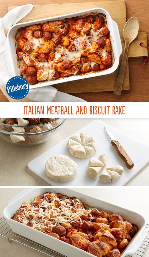 Just four convenient ingredients bake into hearty family-size comfort food! This Italian Meatball and Biscuit Bake says easy weeknight dinner all over it. Italian Meatball, Pillsbury Biscuits, Food Italian, Pillsbury Recipes, Canned Biscuits, Biscuit Bake, Italian Meatballs, Easy Weeknight Dinner, Easy Weeknight