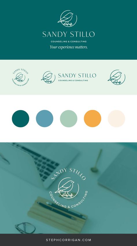 Custom brand identity and logo design for a therapy practice. The identity features a friendly bird logomark and warm, inviting color palette with blue, green, and orange. The result is a professional and elegant yet approachable brand identity. Click through to view more of this therapist branding project! Therapist Website Color Palette, Consulting Logo Design Inspiration, Psychiatrist Logo, Color Palette With Blue, Therapy Branding, Therapist Branding, Color Branding, Therapy Website, Green Branding