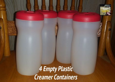 "Plastic jugs for crafting or storage - 4 creamer containers with red lids and white base - all the same size. Recycle and repurpose these into many different project pieces, bird feeders or use as a creative way to store small doo-dads around the house. Lids are screwed onto containers. All have been scrubbed and washed, some have a little ink printed on the bottom. All four are about: 6-7/8\" x 2-3/4\" -- as shown in photos. For an easy creamer can or tin can craft project, check out our pdf h Upcycle Plastic Containers, Folgers Coffee Container Crafts, Homemade Magnets, Coffee Creamer Container, Plastic Container Crafts, Creamer Container, Upcycle Plastic, Recycled Tin Cans, Plastic Jugs