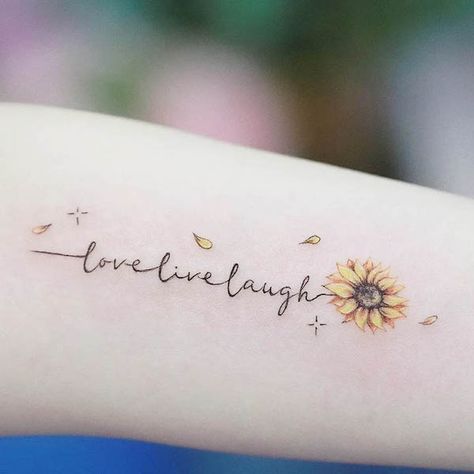 Live laugh love sunflower script tattoo by @cherri_art.tattoohk Gratitude Tattoo, Sunflower Tattoo Meaning, Sunflower Tattoo Simple, Sunflower Tattoo Small, Tiny Wrist Tattoos, Magic Runes, Our Mindful Life, Script Tattoo, Feminine Tattoo Sleeves