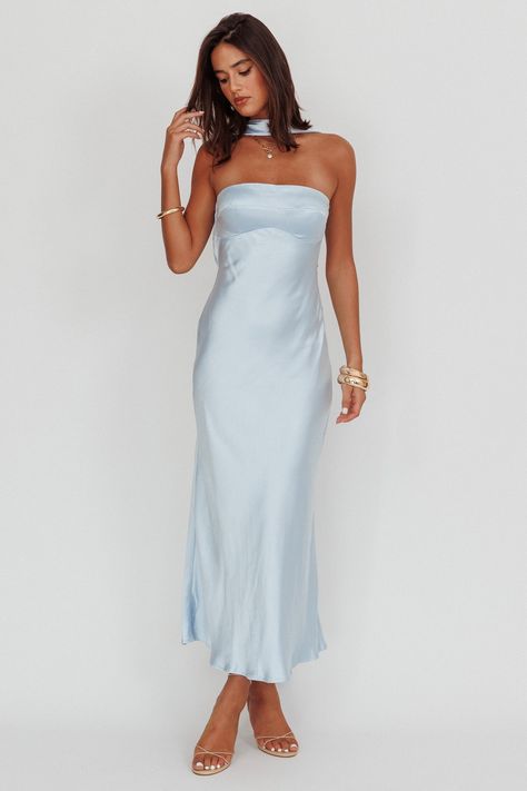 Damsel Reverse Halter Maxi Dress Baby Blue by Selfie Leslie Bridesmaid Dress Light Blue, Halterneck Bridesmaid Dresses, Selfie Leslie Dresses, Light Blue Silk Dress, Bridget Wedding, Blue Selfie, Maxi Dress Strapless, Dress Baby Blue, Blue Satin Dress