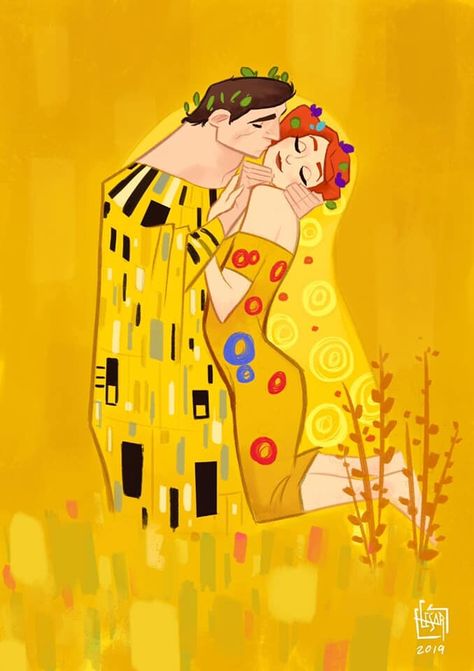 The Kiss by Cesar VergaraMy personal take on Gustav Klimt famous painting. Famous Art Coloring, Kiss Illustration, Kiss Painting, Klimt Paintings, Klimt Art, Art Parody, The Kiss, Famous Art, Couple Drawings