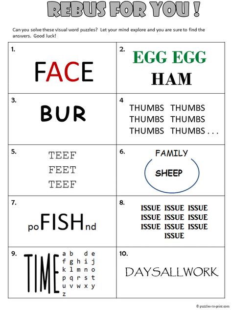 Free, printable rebus worksheet from Puzzles to Print.  Features 10 visual word puzzles to get adults and kids thinking outside of the box. Word Puzzles Brain Teasers, Printable Brain Teasers, Intellectual Health, Rebus Puzzles, Brain Teasers For Kids, Word Puzzle, Brain Puzzles, Bell Work, Brain Teaser Puzzles