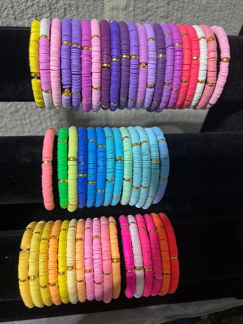 Handmade clay beaded bracelets with six gold spacers each-various colors- elastic band Cute Clay Beads Ideas, Cute Clay Bead Ideas, Bracelet Inspi, Claybead Bracelet, Bracelets Clay Beads, Etsy Beaded Bracelets, Polymer Clay Bead Bracelet, Clay Beaded Bracelets, Bracelets Preppy