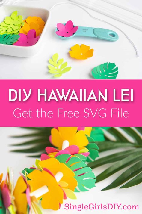 Make a paper Hawaiian lei necklace that will last much longer than the real thing! These colorful flower necklaces are made with a free SVG file and a Cricut machine. Perfect for a tropical pool party at home or a backyard luau. #Hawaii #tropical #cricut #lei Hawaiian Lei Craft For Kids, Luau Leis Diy, Hawaiian Lei Craft, Make Your Own Hawaiian Lei, Hawaiian Necklace Flower Diy, Paper Leis Diy, Luau Preschool Theme, Tropical Crafts For Kids, Luau Classroom Party