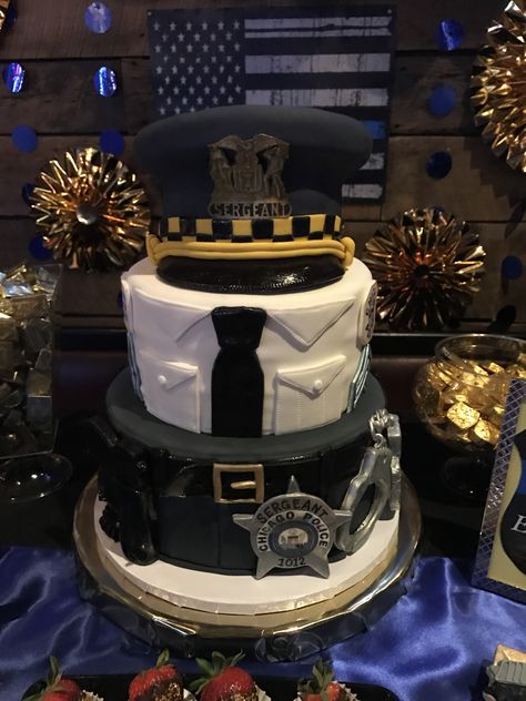 Police cake, law enforcement cake, sergeant, promotional cake, uniform, hat, gun, handcuffs Law Enforcement Cake Ideas, Sergeant Promotion Party, Police Promotion Cake, Police Retirement Party Ideas Centerpieces, Police Sergeant Promotion Party, Police Promotion Party, Law Enforcement Cake, Police Retirement Party Ideas, Police Retirement Cake