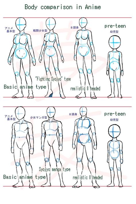 Anime body style comparison by ~Yumezaka on deviantART Drawing Anime Bodies, Anime Body, Desen Realist, Drawing Body Poses, Drawing Hair, Body Drawing Tutorial, Body Sketches, Anatomy Sketches, Body Reference Drawing