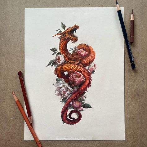 Slayed 🗡🐉 Love contrasting soft florals with the rigid scaliness of this dragon. Definitely was a challenge but we did it. Also think I’m going to make prints of this one! They’ll be available on my website ☺️ link in bio. Colored pencil on toned Stonehenge paper. Caran dache luminance and Faber Castell polychromos. #coloredpencil #drawing #draw #art #coloredpencildrawing #carandacheluminance #fabercastell #fabercastellpolychromos @carandache @fabercastellglobal #artwork #artist #realismar... Faber Castell Drawing, Faber Castell Polychromos, My Free Time, Caran D'ache, Toned Paper, Colored Pencil Drawing, Dragon Drawing, Paper Drawing, Stonehenge