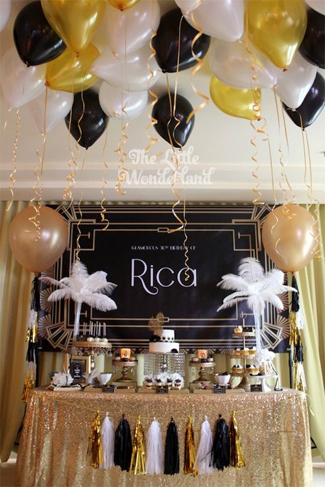 Dessert Table from a Great Gatsby Birthday Party via Kara's Party Ideas Gatsby Birthday Party, Great Gatsby Themed Party, Great Gatsby Theme, 20s Party, Roaring 20s Party, Gatsby Themed Party, Gatsby Theme, Great Gatsby Party, Gatsby Party