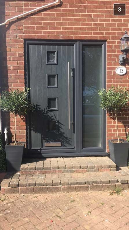 Uber chic, stylishly, modern Grey, 4 Square Composite Door with Long Bar Chrome Furniture. Grey Front Door, Grey Front Doors, Grey Siding, Composite Front Door, Front Door Styles, Front Door Entryway, Contemporary Front Doors, Black Front Doors, Modern Front Door