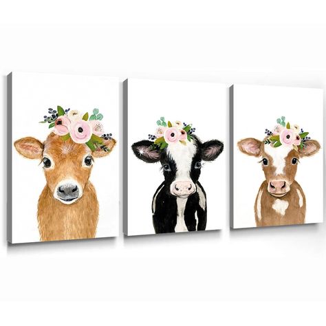 PRICES MAY VARY. 🐮 Artwork Size: 16x24inchx3pcs NO FRAME, this cute baby cow wall decor, there is about 0.5cm white space on the edge, you can enjoy the fun of DIY according to your own preferences. 🐮 High Quality Canvas: This cow flower picture on high quality canvas, it's that natural, high-definition realistic and unique. Hanging on the wall is such a vivid image, it illuminates your walls and makes your home more inviting. 🐮 Wide Range Of Choices: This animals with flowers wall art is not Cattle Painting, Flower Wreath Illustration, Cow Wall Decor, Cow Nursery, Farm Animal Nursery, Poster Baby, Nursery Pictures, Cow Wall Art