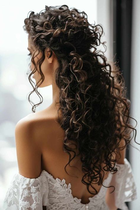 Wedding Hairstyles: Half-up, half-down - HandsomeWedding Curly Brown Wedding Hair, Wavy Updo Wedding, Bride Hairstyles For Curly Hair Natural Curls, Long Curly Hair Wedding Styles Naturally, Natural Curly Hair Bridal Hairstyles, Natural Curly Hair Hairstyles, Long Curly Wedding Hair, Bride Hairstyles With Veil, Curly Bridal Hair