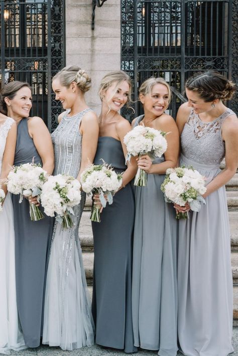 Mismatched Grey Bridesmaids | Venue: Granite Links Golf Club - Wedding Flowers by Annette Women Standing, Wedding Parties Pictures, Grey Bridesmaids, Mismatched Bridesmaids, Mismatched Bridesmaid Dresses, Sleeveless Bridesmaid Dresses, Grey Bridesmaid Dresses, Cheap Bridesmaid, Dusty Miller