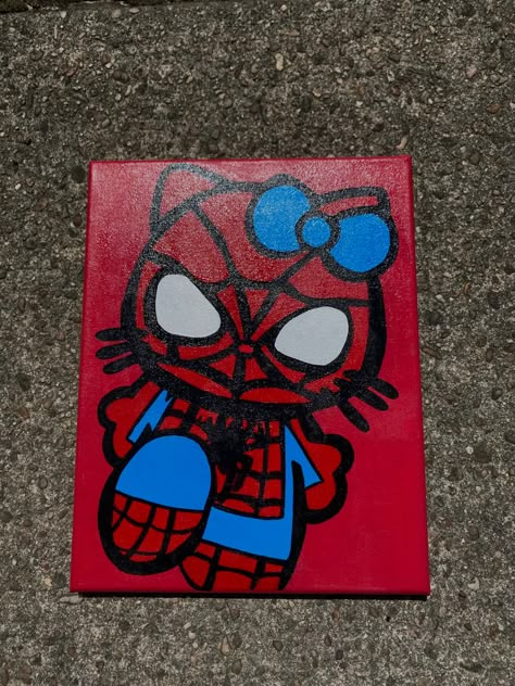 Kaws Hello Kitty Painting, Canvas Painting Ideas Kaws, Painting Cartoon Characters, Art To Recreate, Superhero Canvas Painting, Spiderman Canvas Art, Cartoon Paintings Easy, Spider Kitty, Hello Kitty Painting Ideas