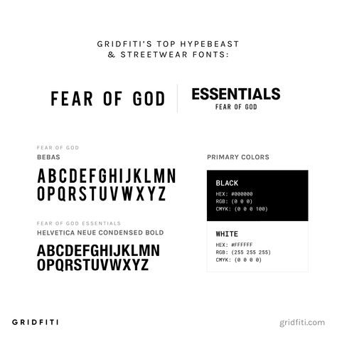 Wondering what font Jerry Lorenzo uses for his Fear of God and Essentials clothing line? Check out the full post on Gridfiti for more Hypebeast brands. Simple Font Logo, Clothing Brand Font Ideas, Font For Clothing Brand, Clothing Font Design, Fonts For Clothing Brands, Clothing Line Branding, Clothing Brand Fonts, Essentials Clothing Brand, Designs For Clothing Brand