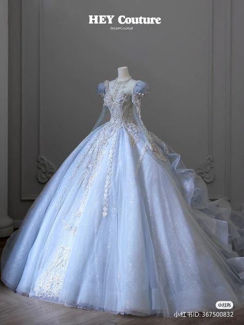 Pastel Blue Ball Gown, Blue And Silver Princess Dress, Princess Dress Blue Fairytale, Royal Blue Debut Gown, Blue Fairy Wedding Dress, Royal Coronation Aesthetic, Pale Blue Ball Gown, Cinderella Quinceanera Dresses Elegant, Debut Gowns 18th Elegant Blue