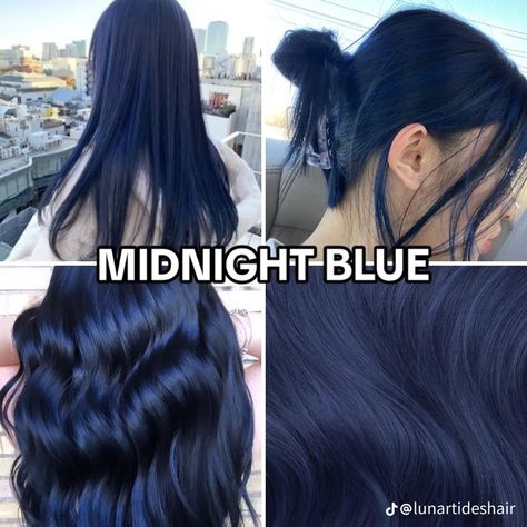 Temporary Dye For Dark Hair, Navy Dyed Hair, Cobalt Hair Color, Purple And Indigo Hair, Dark Blue And Teal Hair, Midnight Blue Hair Aesthetic, Blue On Brown Hair No Bleach, Types Of Dyed Hair, Dark Ashy Blue Hair