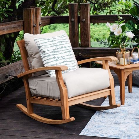 Cambridge Casual Leon Teak Patio Rocking Chair - Bed Bath & Beyond - 28080464 Teak Rocking Chair, Outdoor Rocking Chair, Rocking Chair Porch, Solid Wood Chairs, Natural Teak Wood, Patio Rocking Chairs, Rocker Chairs, Outdoor Rocking Chairs, Beige Cushions