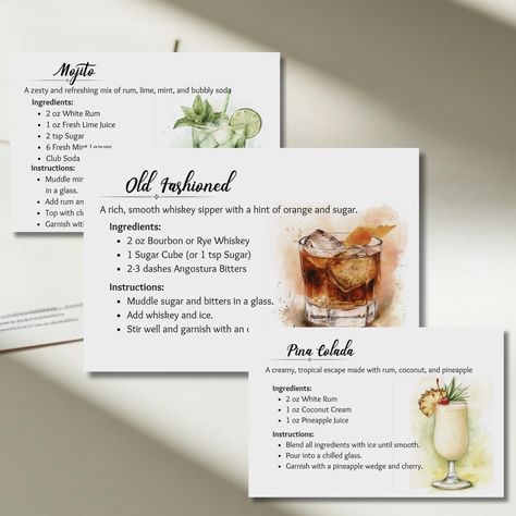 Elevate your home bar and event planning with our versatile Cocktail Recipe Cards Editable Set! Perfect for weddings, parties, or any special occasion, these beautifully designed recipe cards allow you to create and showcase your favorite signature cocktails effortlessly. Add a touch of elegance and creativity to your next event with our Cocktail Recipe Cards, featuring a stunning set of watercolor cocktail designs, realistic cocktail images, and a variety of garnish options to choose from. Perf Cocktail Recipe Card, Cocktail Images, Bar Menu Template, Holiday Drink, Cocktail Poster, Drink Bar, Signature Cocktails, Rye Whiskey, White Rum