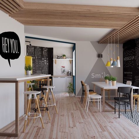 Dev Labs – Area to eat lunch and relax. – Quattro Studio Small Staff Break Room Ideas, Office Dining Area, Break Room Design, Office Canteen, Staff Lounge, Office Break Room, Office Wall Design, Church Interior Design, Staff Room