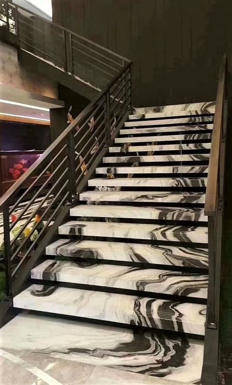 Panda Marble Stairs, Stairs Stone Design, Stairs Marble Design, Marble Stairs Design, White Marble Stairs, Stair Tiles, Panda White Marble, Stairs Stone, Stairs Tiles Design