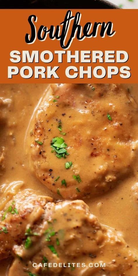 Southern Smothered Pork Chops is a delicious and easy dinner recipe perfect for any night of the week. A Southern classic comfort food, crispy coated pork chops smothered in a rich onion gravy makes this a feast you will keep coming back to! The best way to eat a chop is with sauce, and this recipe has plenty of gravy. Easy Pork Chop Meals For Dinner, Gravy Recipe For Pork Chops, How To Make Smothered Pork Chops, Country Style Pork Chops, Southern Meat Recipes, Stuffed Pork Chops Baked In Oven With Gravy, Pounded Pork Chop Recipes, Southern Pork Chops And Gravy, Center Pork Chop Recipes