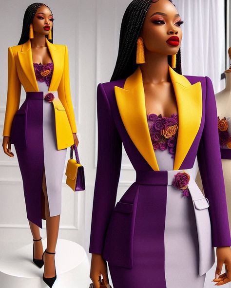 Giving premium yellow and purple affairs 🔥 🔥 🔥 save and share these gorgeous workwear styles to your friends and tailor.which slide is your favorite 🤩? Click the follow button and on your post notifications for more… KINDLY TAG US WHENEVER YOU RECREATE OR REPOST ANY OF OUR DESIGNS. DM OR CLICK THE LINK IN BIO TO GET STYLE INSPIRATIONS FOR YOUR BIG OCCASIONS DM IF YOU WANT TO LEARN HOW TO ILLUSTRATE BY YOURSELF ALSO DM IF YOU WANT A DESIGN FOR YOUR FASHION BRAND #tailorcatalogue #tail... Choir Outfits, Best Graduation Dresses, Formal Suits For Women, Black Fashion Models, African Jumpsuit, Stylish Business Outfits, Graduation Attire, Purple Suit, Traditional African Clothing